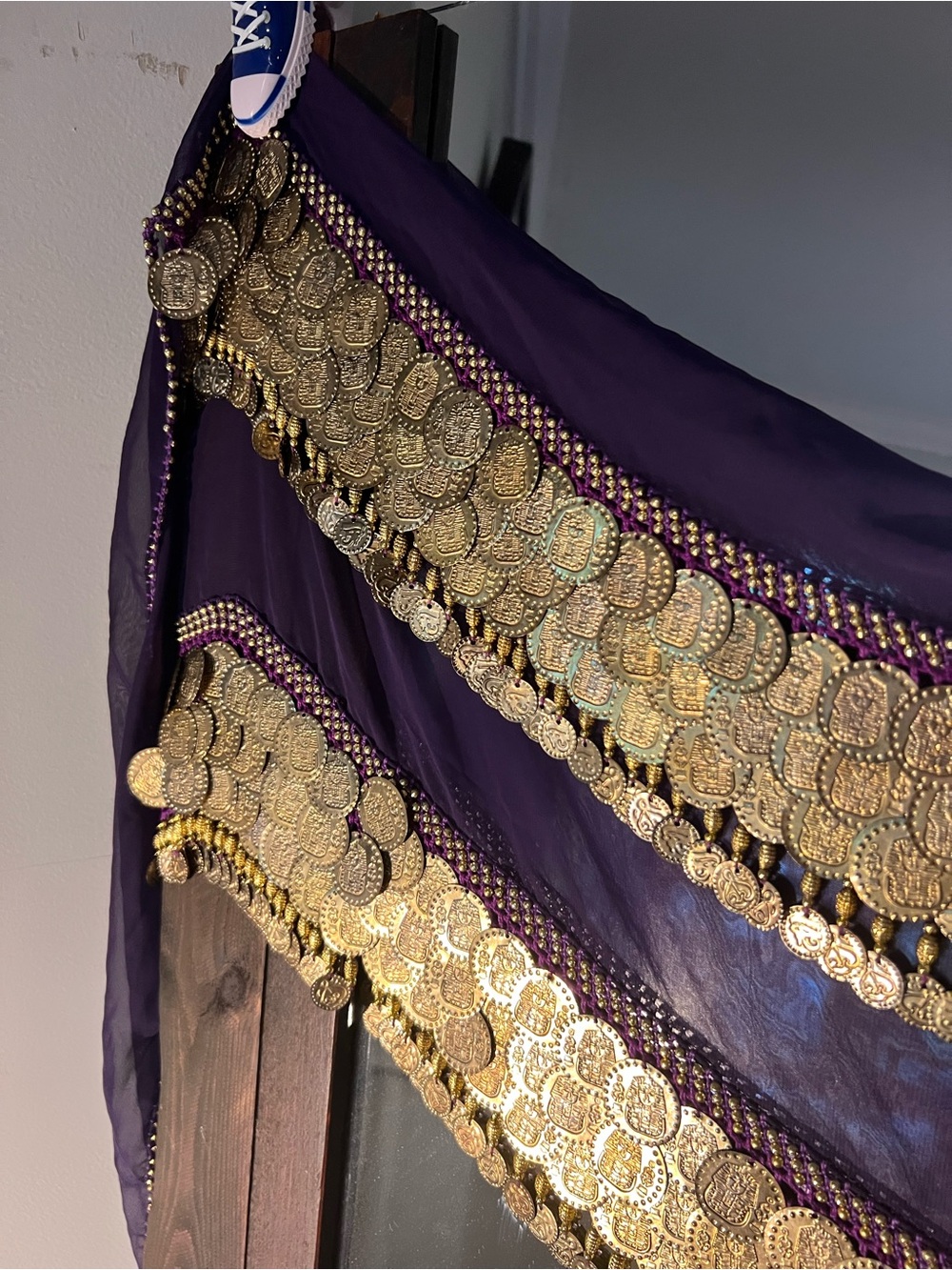 Authentic Egypt made Gold Coin Embellished Purple Belly Dance Hip Scarf NEW